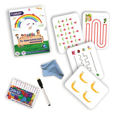 Clapjoy 72 Reusable Activity Flash Cards box with sketch pens, dry-erase marker and cleaning cloth — write-and-wipe early learning kit for kids ages 3 to 6