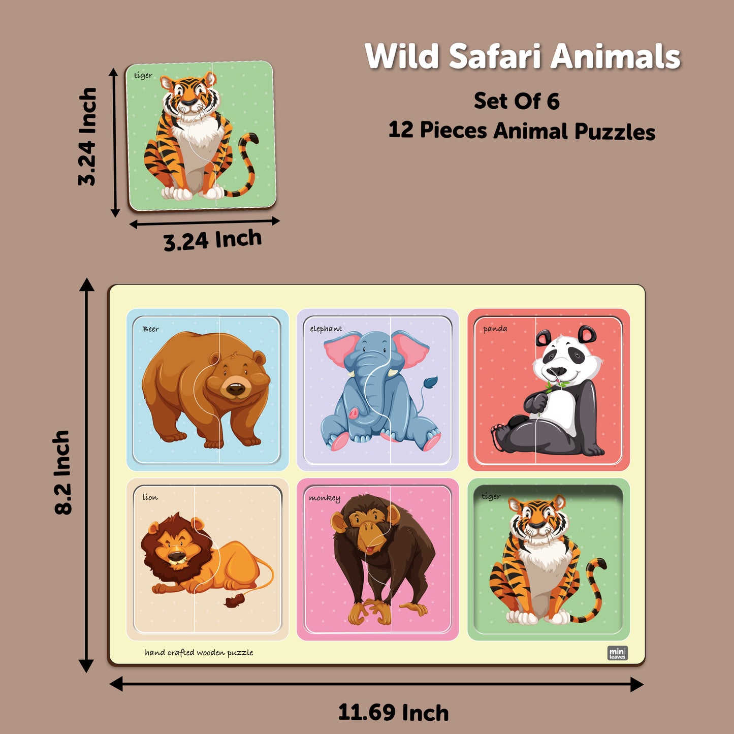 Wooden 2 Piece Safari Animal Friends Puzzle