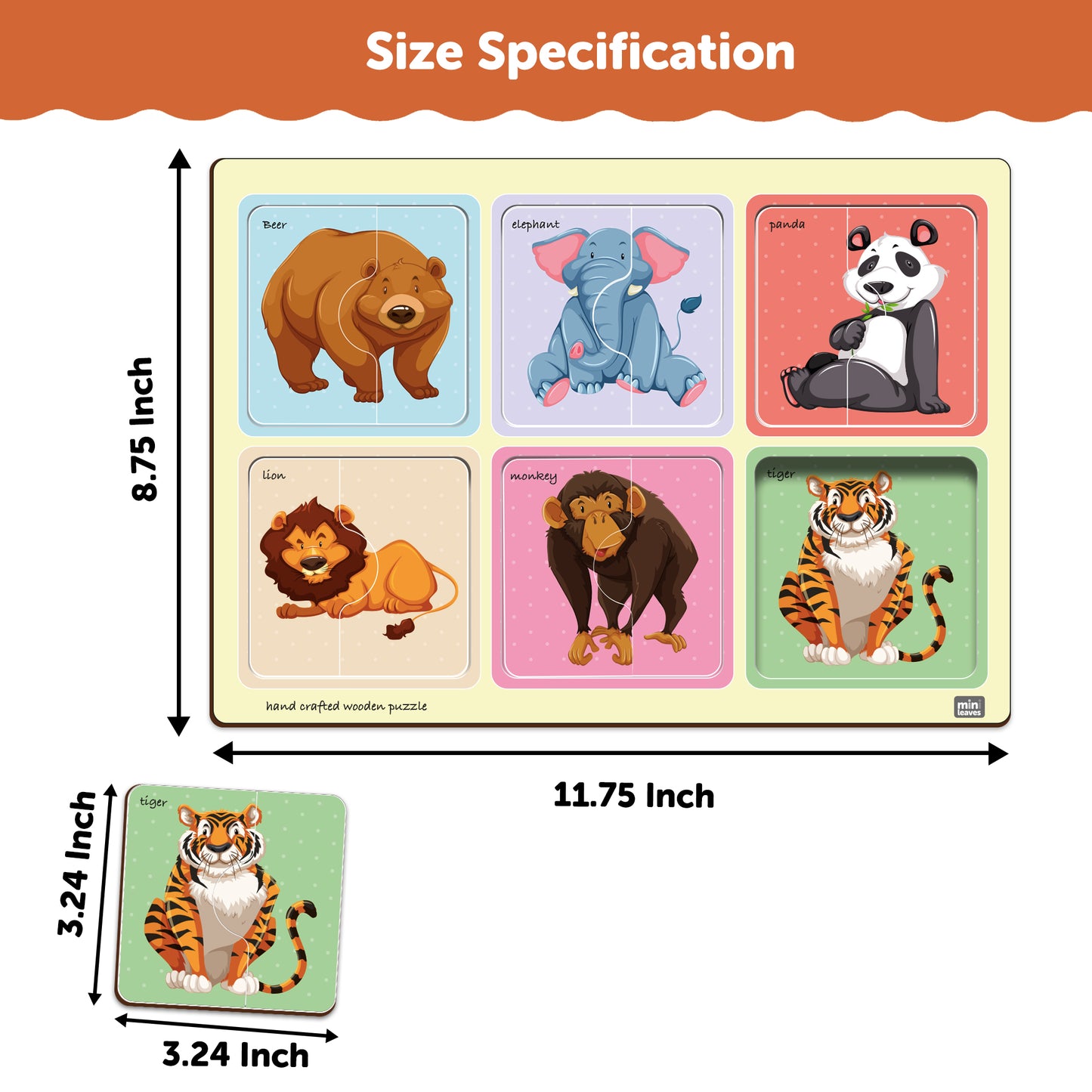 Wooden 2 Piece Safari Animal Friends Puzzle