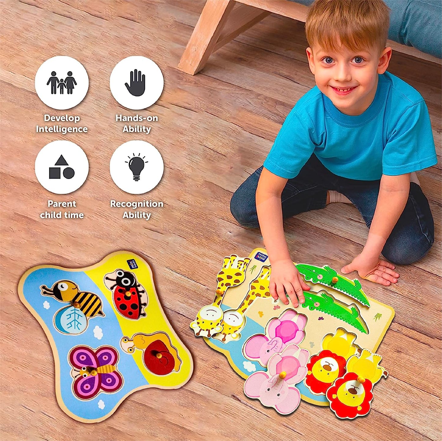 Wooden Jungle Animal and Insects Friends Jumbo Peg Puzzle