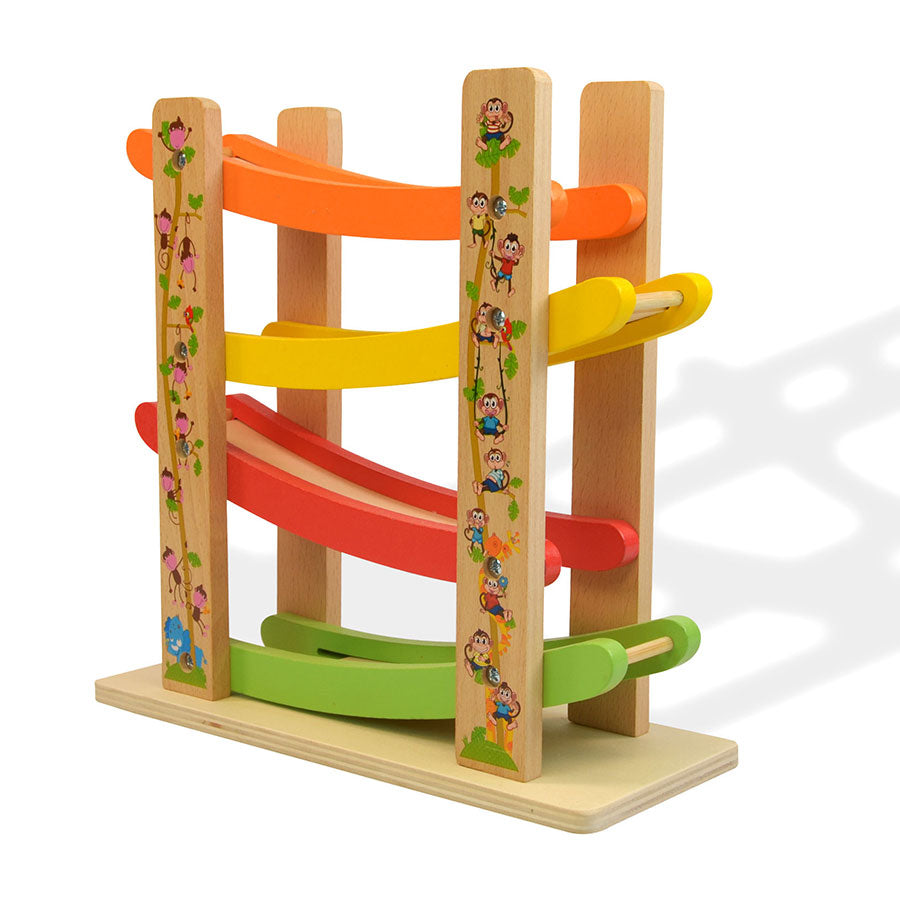 Wooden Ramp Racer Toy - Set of 4 Car Ramps, 4 Mini Cars & Race Track