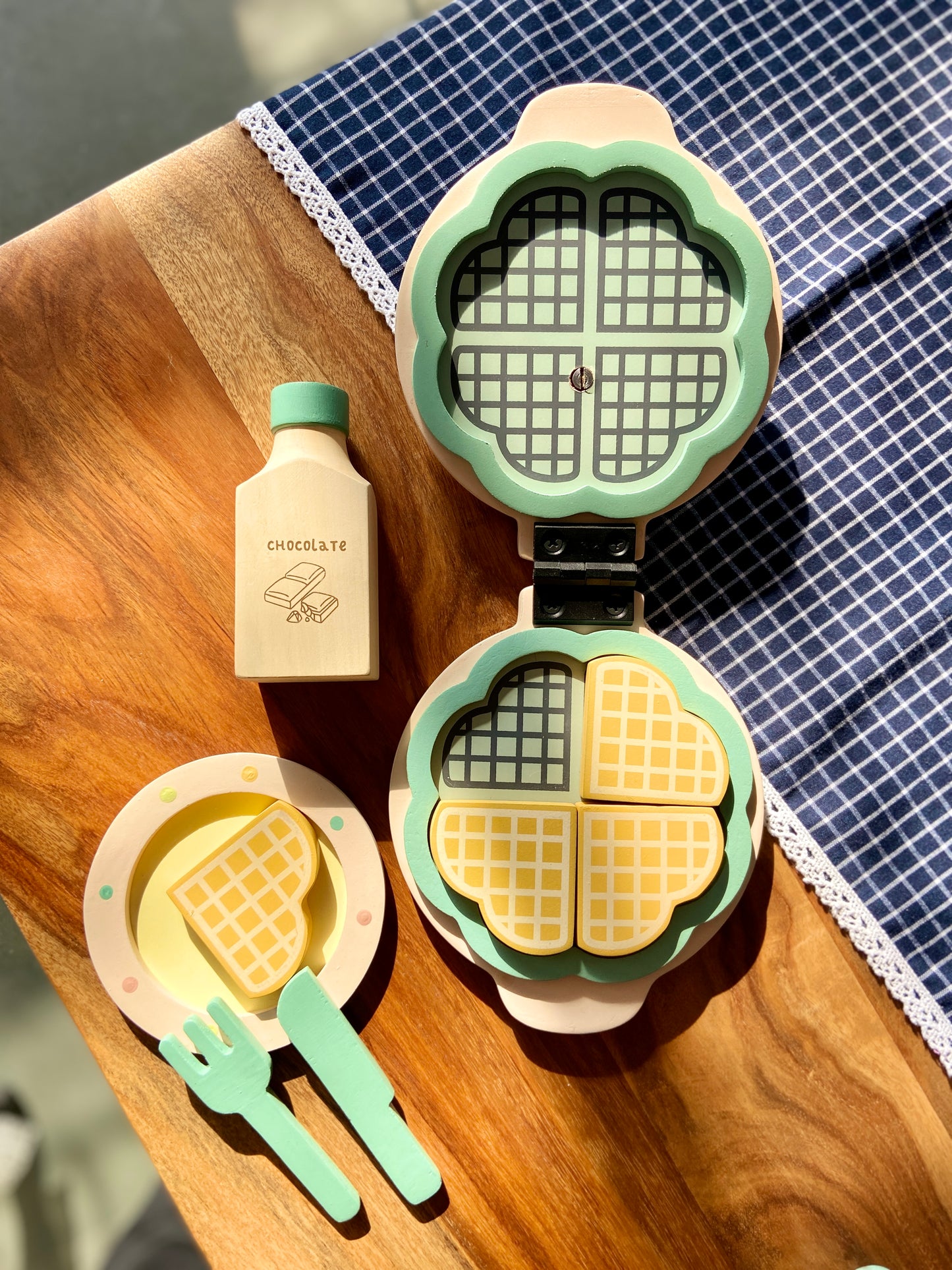 Wooden Sweet Treat Waffle Maker Toddler Cooking Toy - Blue Set