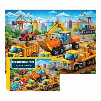 Kids playing with Construction Zone 35-piece jigsaw puzzle on a colorful mat