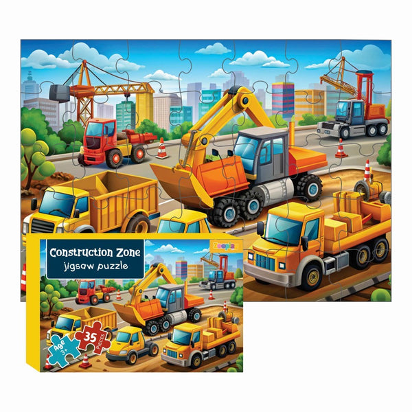 Kids playing with Construction Zone 35-piece jigsaw puzzle on a colorful mat