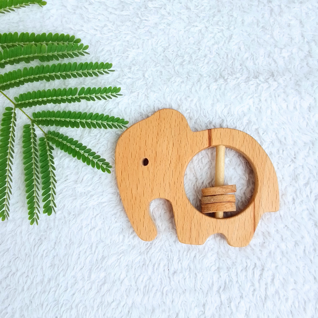 Wooden Organic Giant Elephant, Funny Bunny Rattle And Neem Wood Ape Teether
