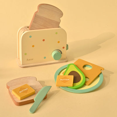 Roasty Toasty wooden toaster play set with two toast slices popping up