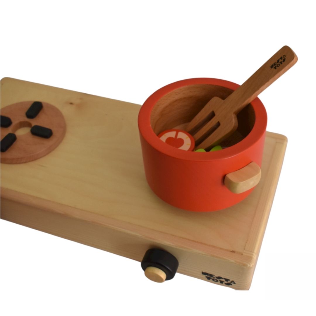 Buy Wooden Gas Stove and Cooking Pretend Play Toy - Set of 10 Pcs - SkilloToys.com