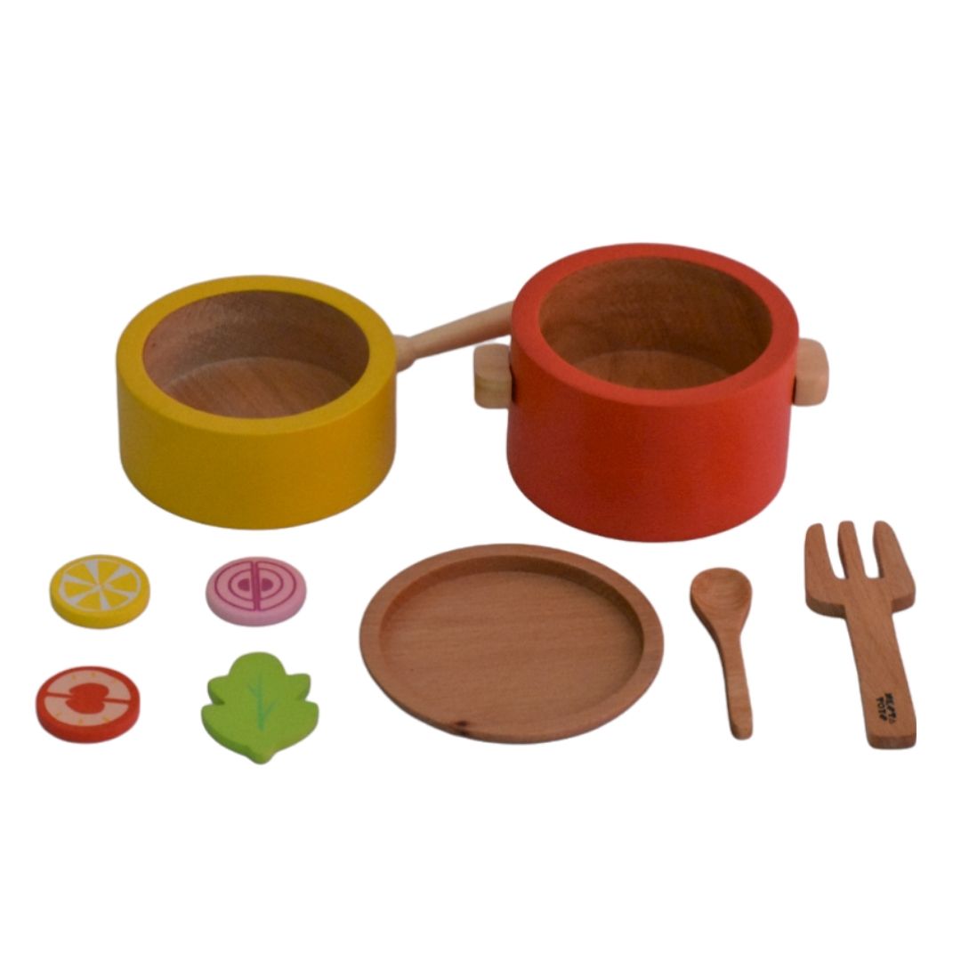 Buy Wooden Gas Stove and Cooking Pretend Play Toy - Set of 10 Pcs - SkilloToys.com
