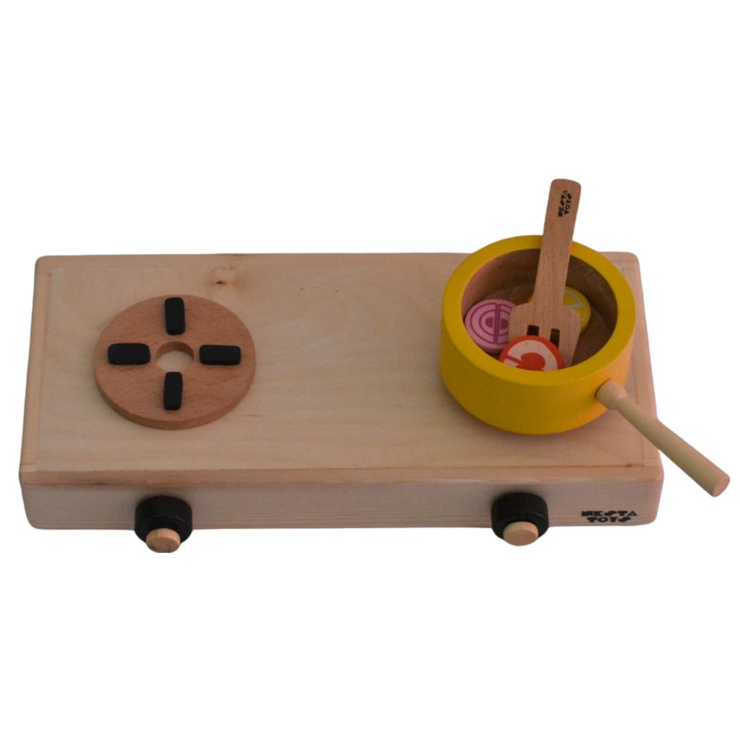 Buy Wooden Gas Stove and Cooking Pretend Play Toy - Set of 10 Pcs - SkilloToys.com