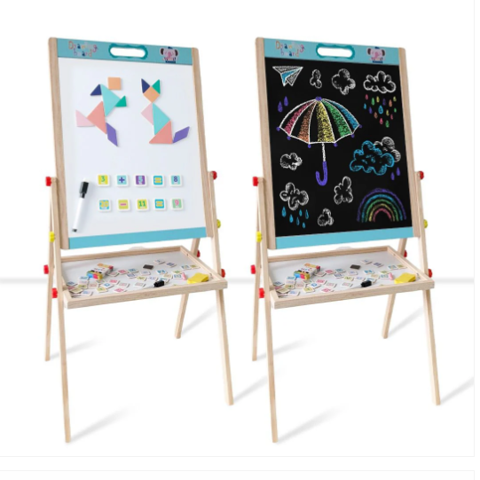 Wudly Wooden Drawing Board A-frame easel: double-sided chalkboard and magnetic whiteboard with storage tray