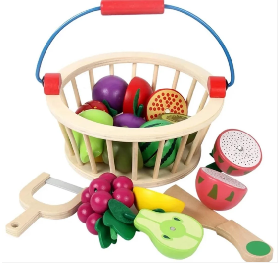 Wooden Magnetic Cutting Fruit Food Play Toy Set with Basket for Kids