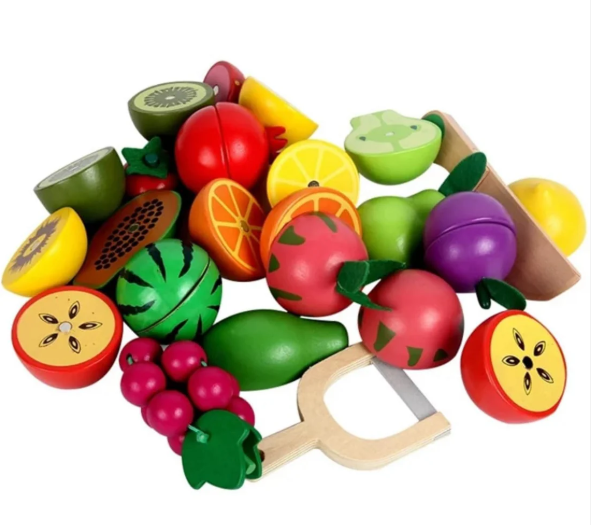 Wooden Magnetic Cutting Fruit Food Play Toy Set with Basket for Kids