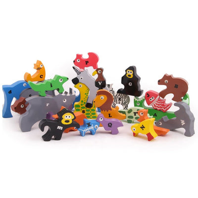 Opa Toys Animal Parade ABC Puzzle assembled: 26 colourful wooden animals from alligator to zebra in a 60 cm line