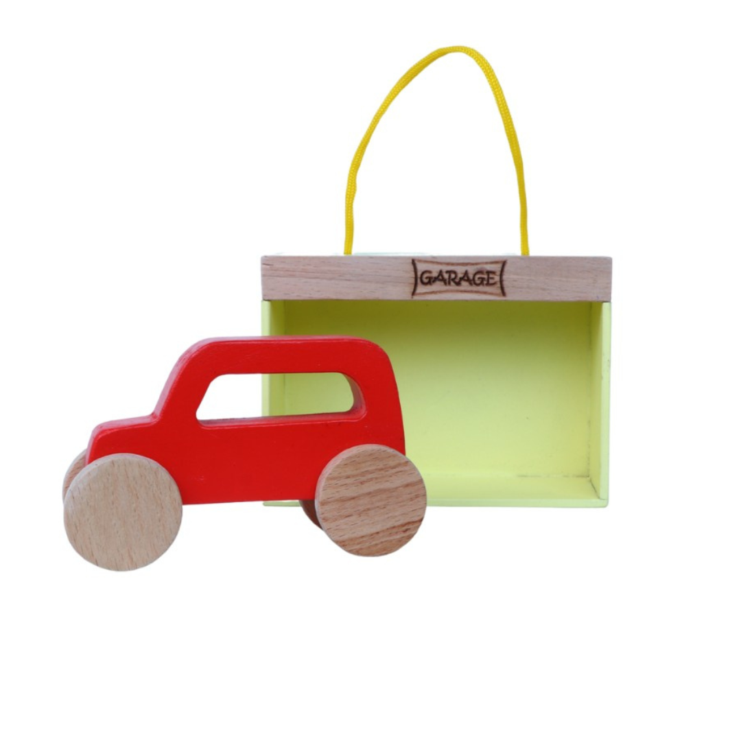 Wooden Red Jeep Toy with Garage Pretend Play