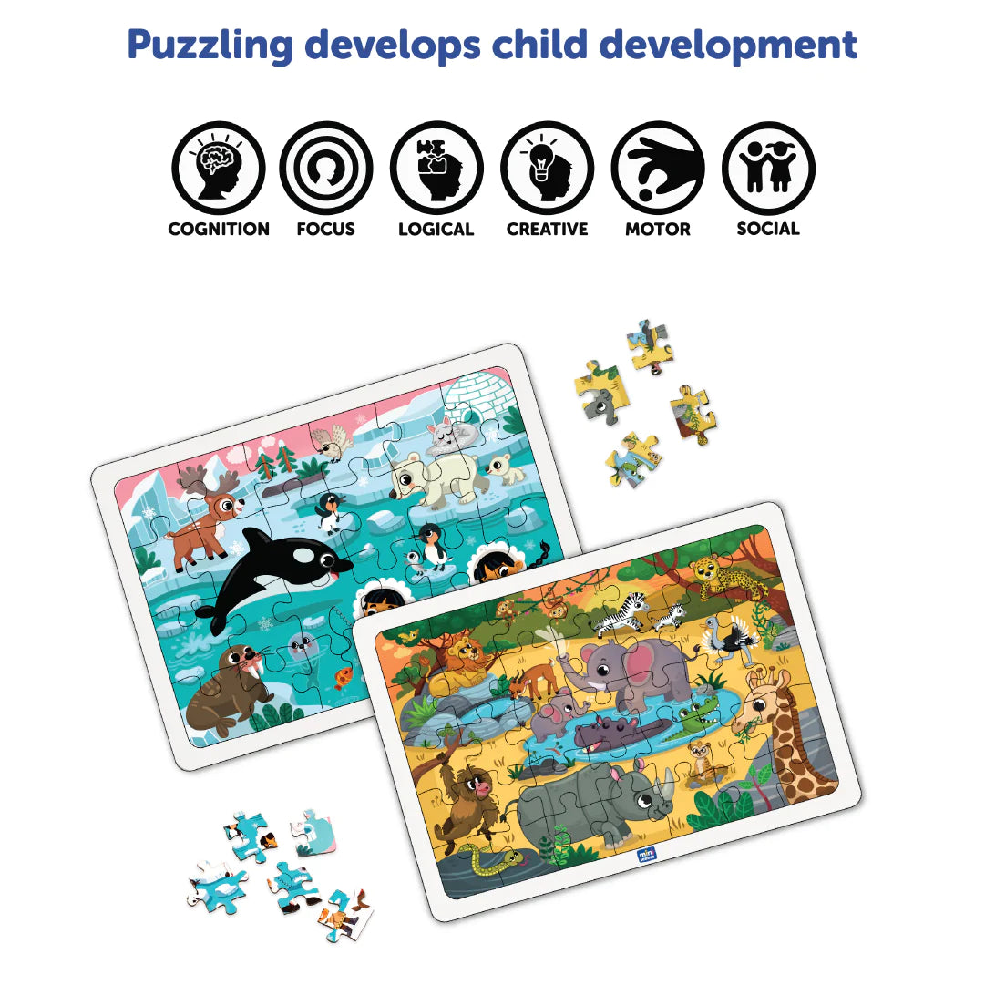 2 In 1 Wild Safari Animal And North Pole Animal Wooden Puzzle