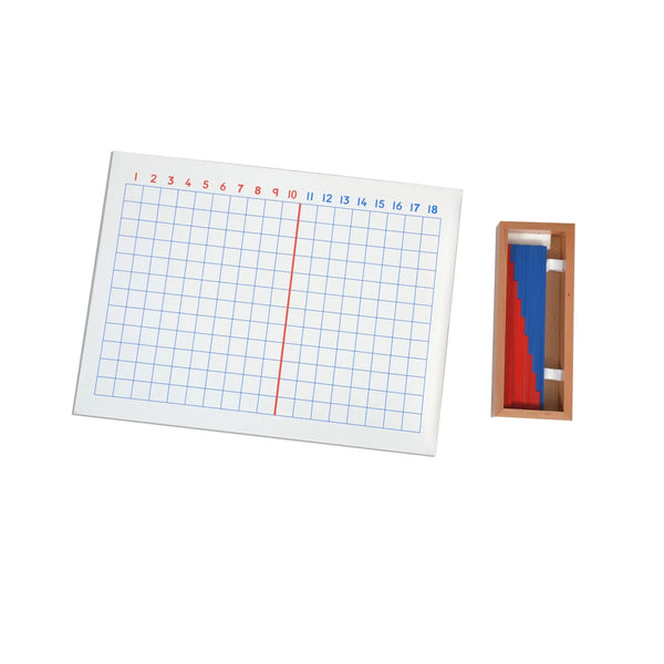Kidken Montessori Addition Learning Board contents — wooden 12x18 numbered grid with 9 red strips and 9 blue strips of varying lengths for kids ages 5 to 10
