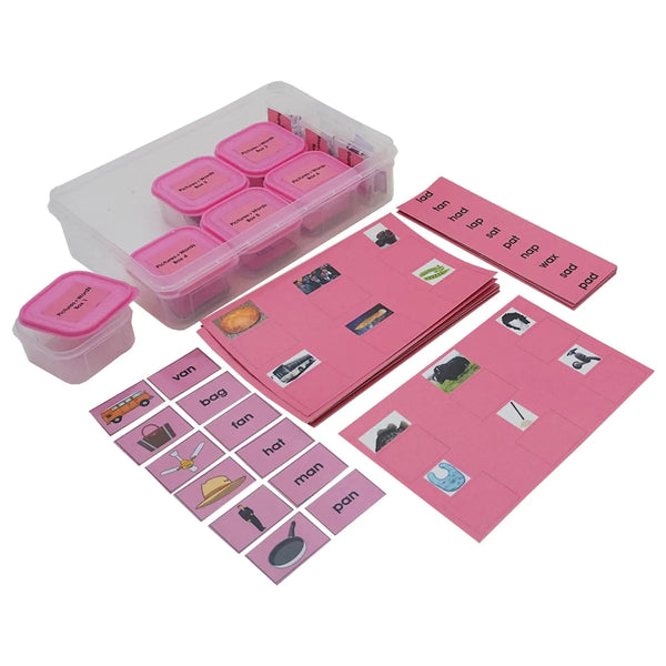Kidken Montessori Reading Learning Kit 1 Pink Set: 3-letter CVC word cards with matching small objects for early phonetic reading ages 3 to 6