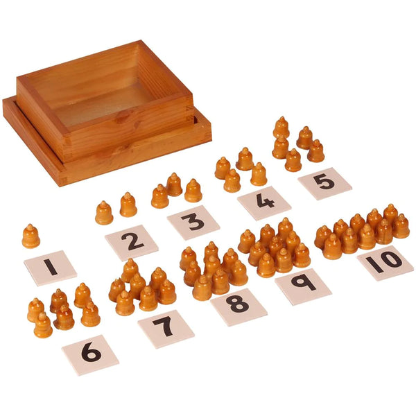 Kidken Montessori Cards and Counter Learning Box: wooden 1 to 10 number cards with 55 bell-shaped Ivory wood counters in a wooden lidded storage box for ages 3 to 10
