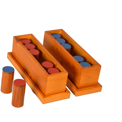 Kidken Montessori Sound Boxes: 2 wooden boxes with 12 red and blue capped cylinders for auditory discrimination