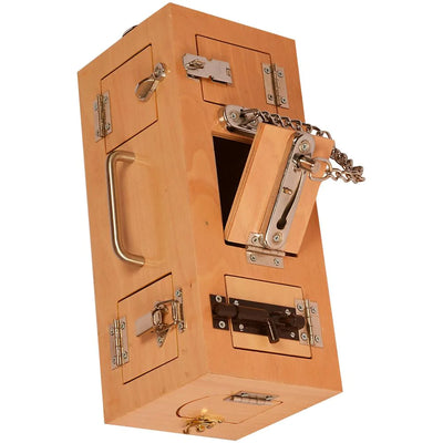 Kidken Montessori Little Lock Wooden Learning Box: 10 real locking mechanisms on a plywood box for practical-life skill, ages 3-10