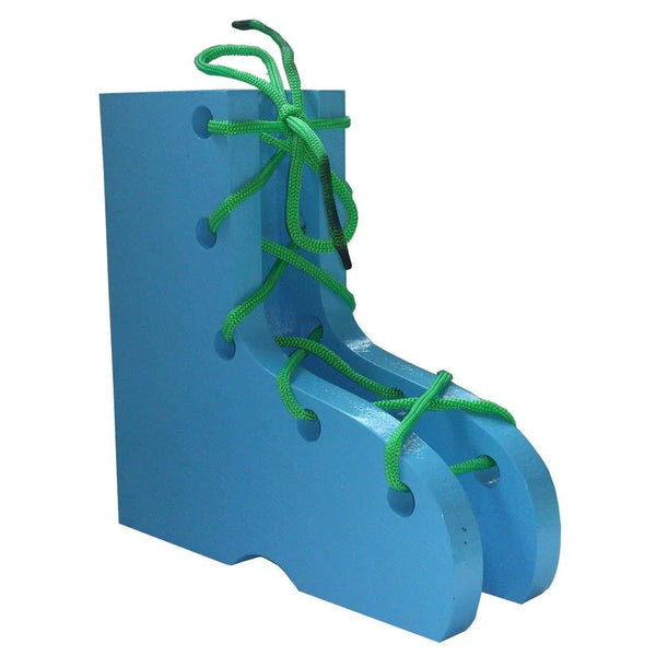 Kidken Montessori Solid Lacing Shoe Activity Toy: wooden shoe-shaped base with lace for practising shoe-tying, ages 3 to 6