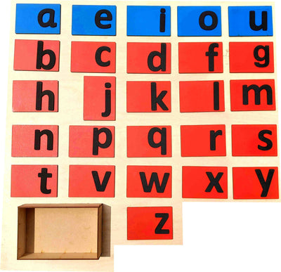 Cryo Craft Montessori Lower Case Sandpaper Alphabets: 26 color-coded lowercase letters in textured sandpaper (red consonants, blue vowels) with wooden MDF storage box for kids ages 3+