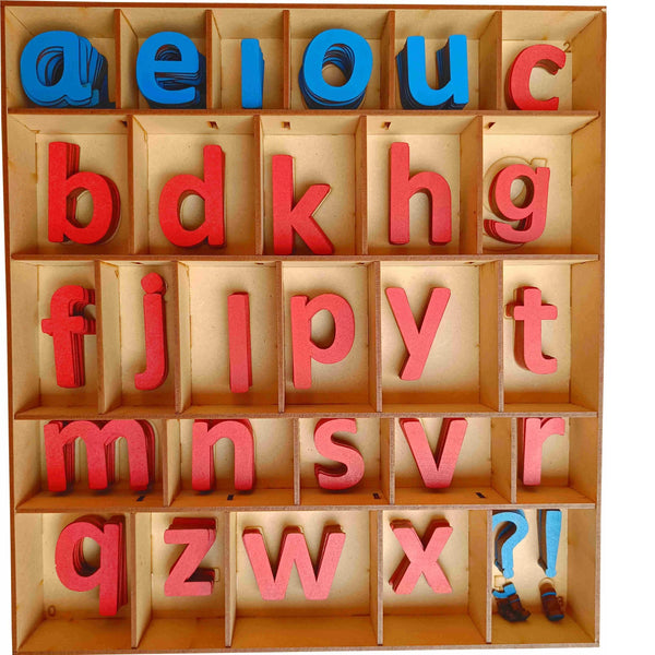 Cryo Craft Montessori Preschool Movable Lower Case Letter Set with Wooden Organizer Box: MDF lowercase letters in red consonants and blue vowels for word building, ages 3+