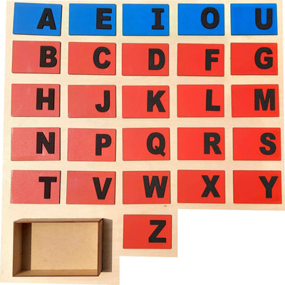 Kidken Montessori Upper Case Sandpaper Alphabets with Wooden Storage Box: 26 sandpaper capital letters in red consonants and blue vowels, packaged in a wooden lidded box for ages 3+