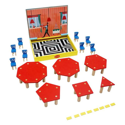 Skola Restaurant Geometry Wooden Toy: polygon tables from triangle to octagon with chairs, legs and mats