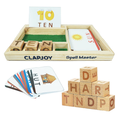 Clapjoy Wooden Spell Master for Kids: 8 wooden alphabet blocks with laser-engraved letters and 25 double-sided English flashcards for spelling practice ages 2 to 5