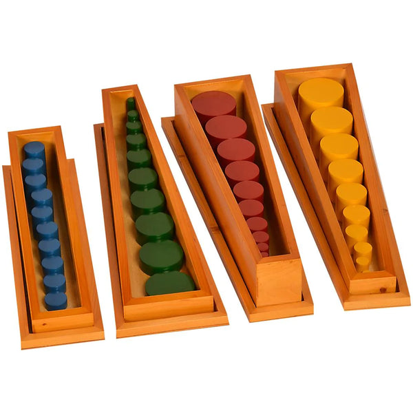Kidken Montessori Knobless Wooden Cylinder Card Learning Set: 4 colour families of graded knobless cylinders with activity cards, ages 3 to 6