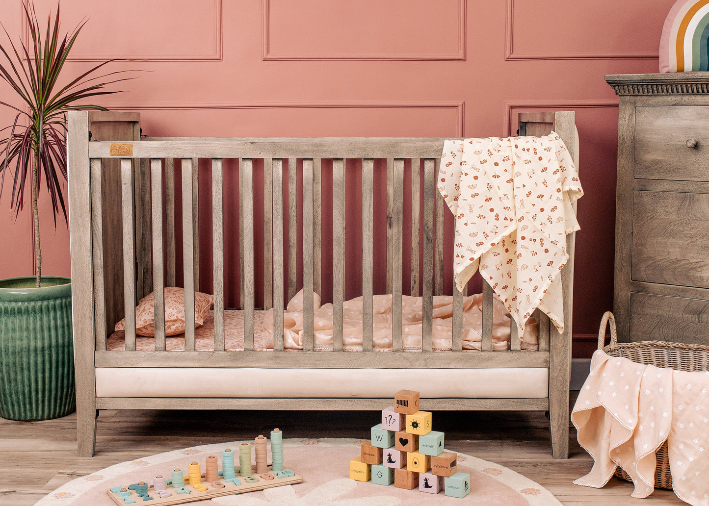 Buy Wooden Baby Cot With Velvet Upholstery - Ash Grey Online - SkilloToys.com