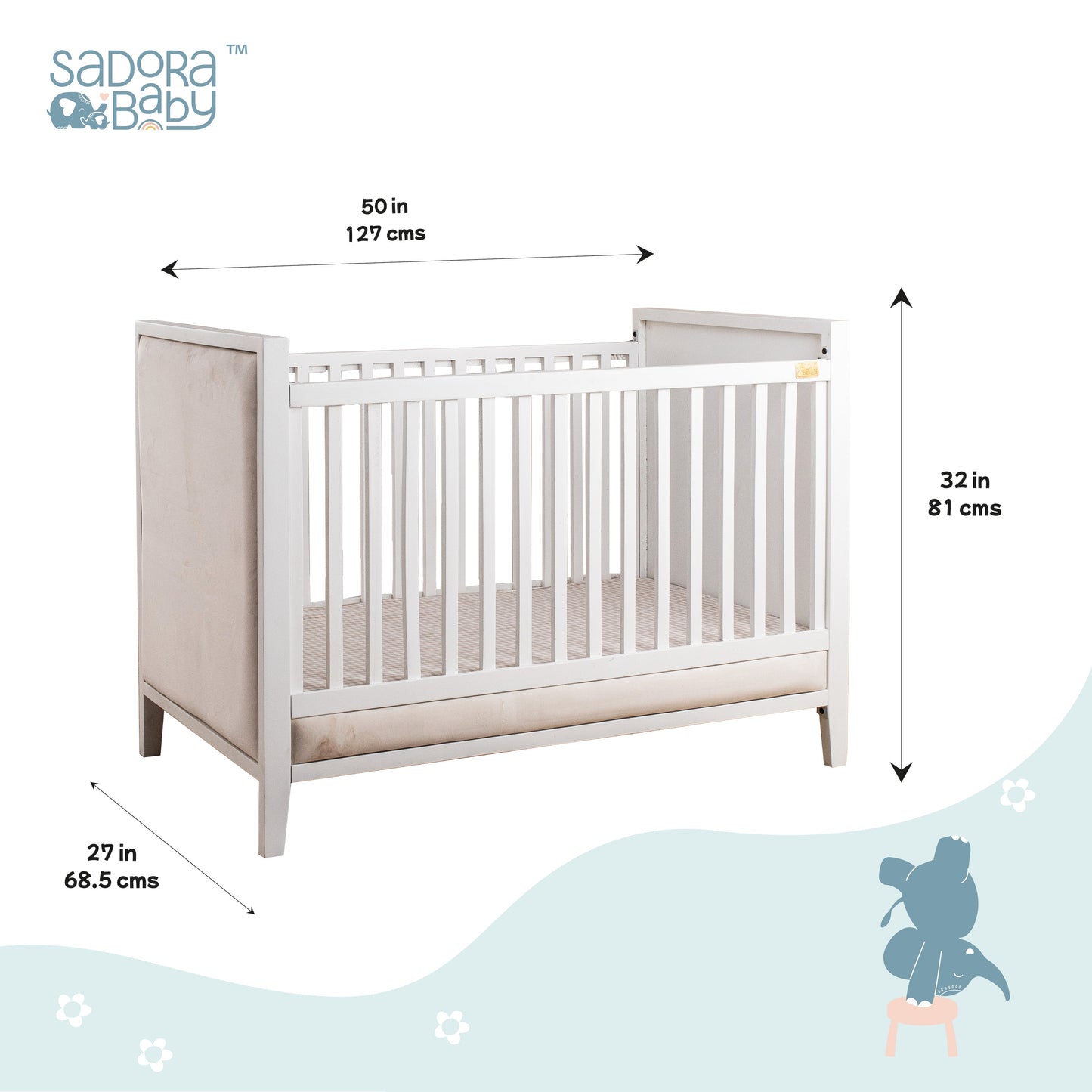 Buy Wooden Baby Cot With Velvet Upholstery - White Duco Online - SkilloToys.com