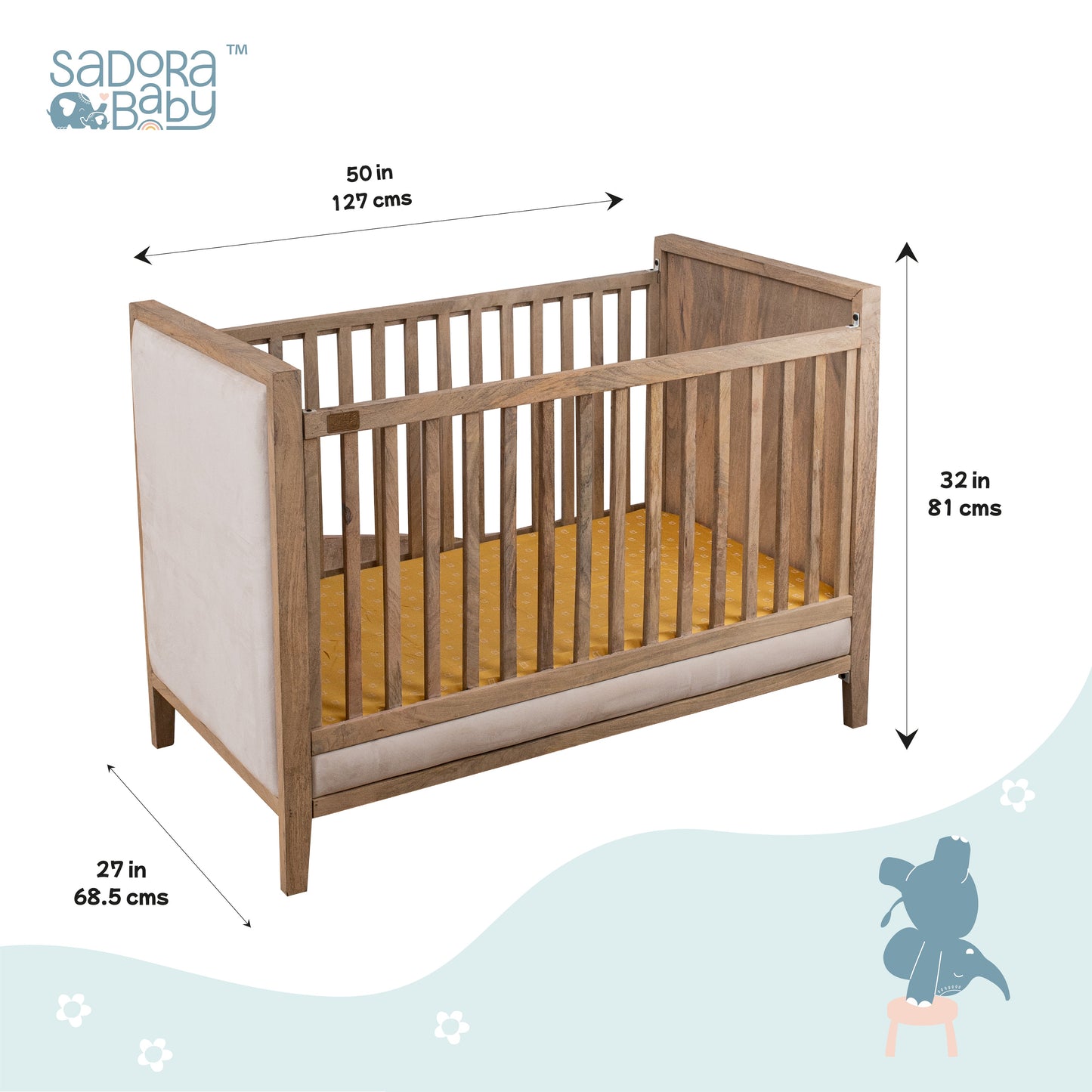 Buy Wooden Baby Cot With Velvet Upholstery - Oat Finish Online - SkilloToys.com