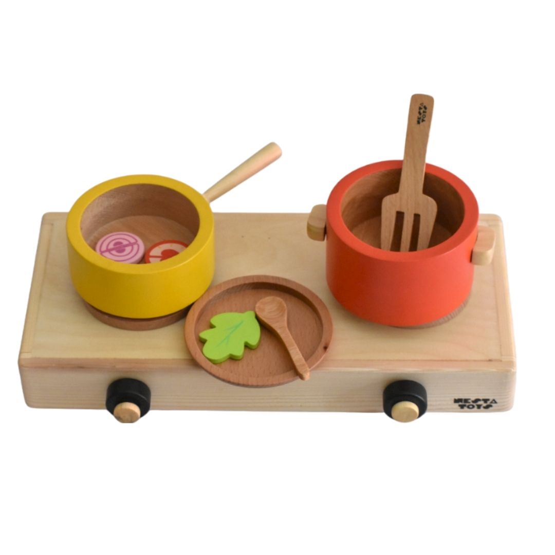 Buy Wooden Gas Stove and Cooking Pretend Play Toy - Set of 10 Pcs - SkilloToys.com