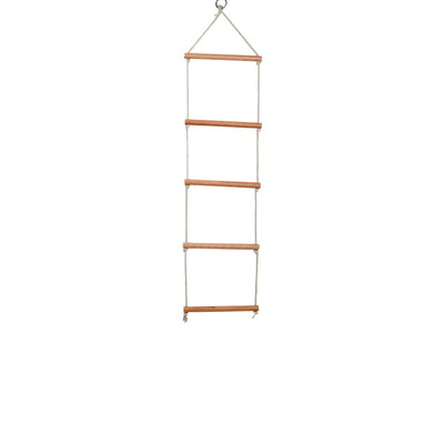 Casa Bambini Wooden Rope Ladder full view: 5 solid beech rungs on natural cotton rope with S-hook for kids aged 3 and above