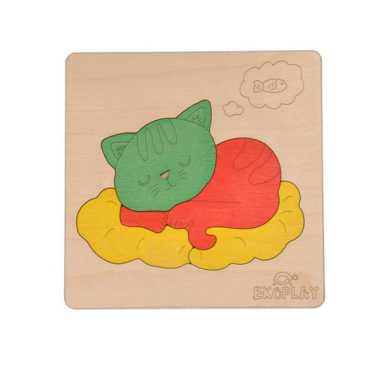 Wooden Cat On a Mat Puzzle Board