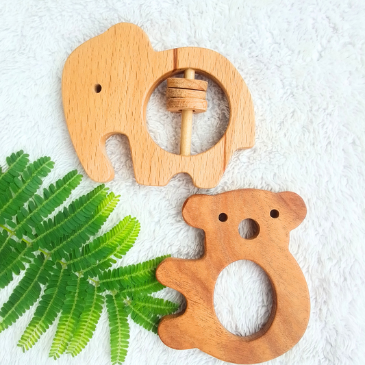 Wooden Giant Elephant Rattle & Neem Lazy Panda Teether Combo
