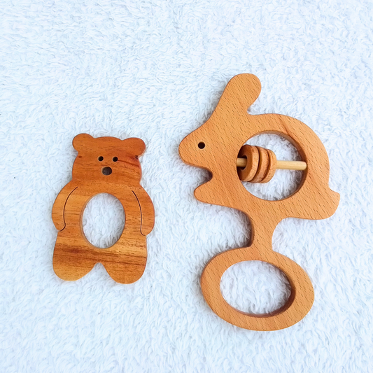 Wooden The Cheer Bear Teether & Funny Bunny Rattle