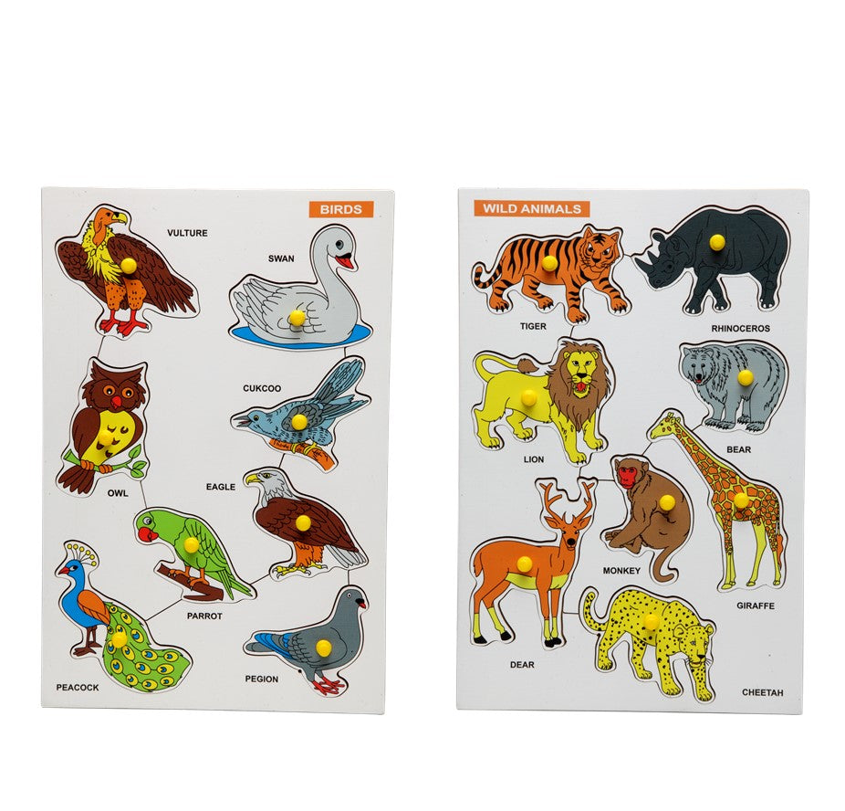 Wooden Wild Animals and Birds Puzzle Board for Kids (Combo of 2)