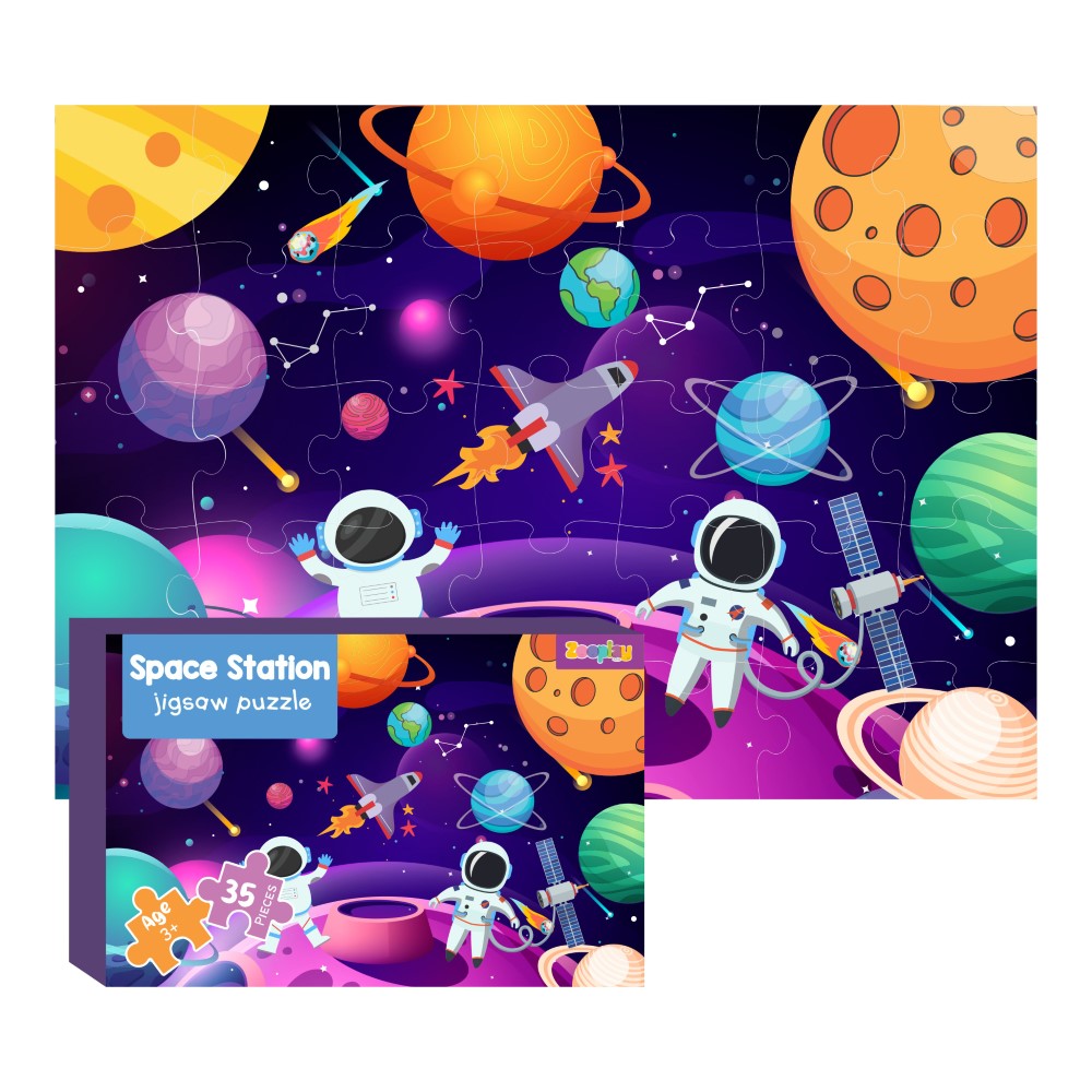 A child-friendly 35-piece jigsaw puzzle featuring a vibrant space theme with planets, stars, and rockets.