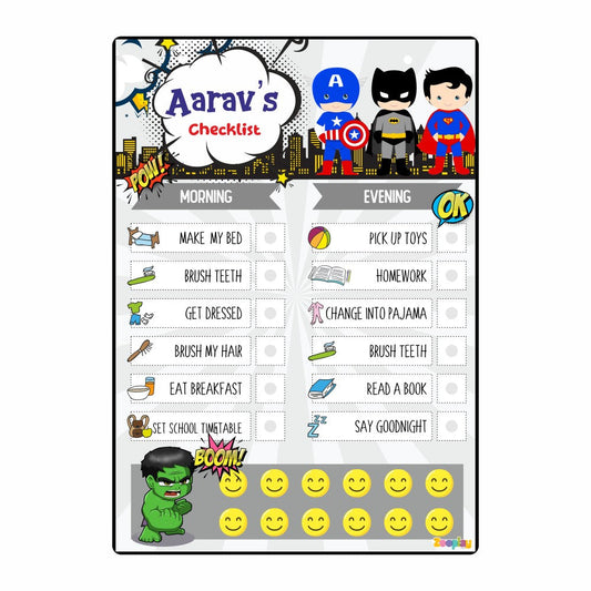 Personalised daily reward chart for kids with superhero theme