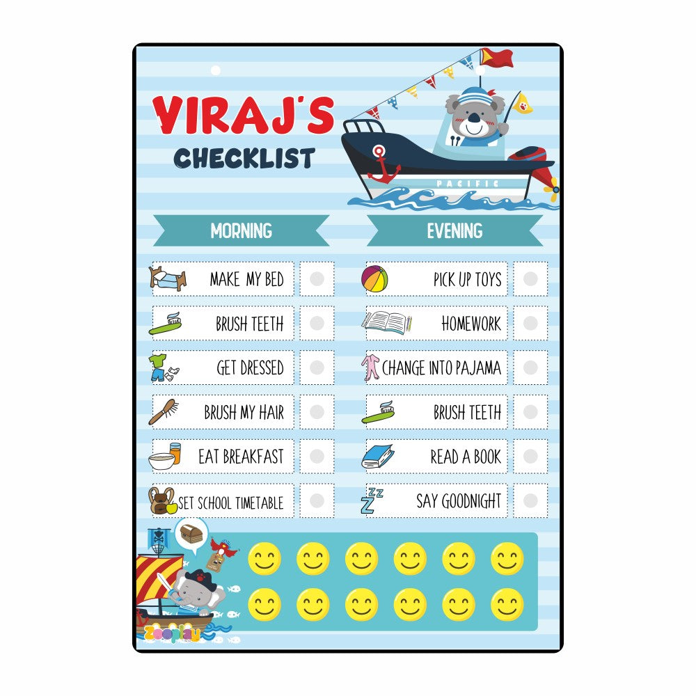 Sailor-themed daily reward chart for kids with reusable smiley stickers on a wall.