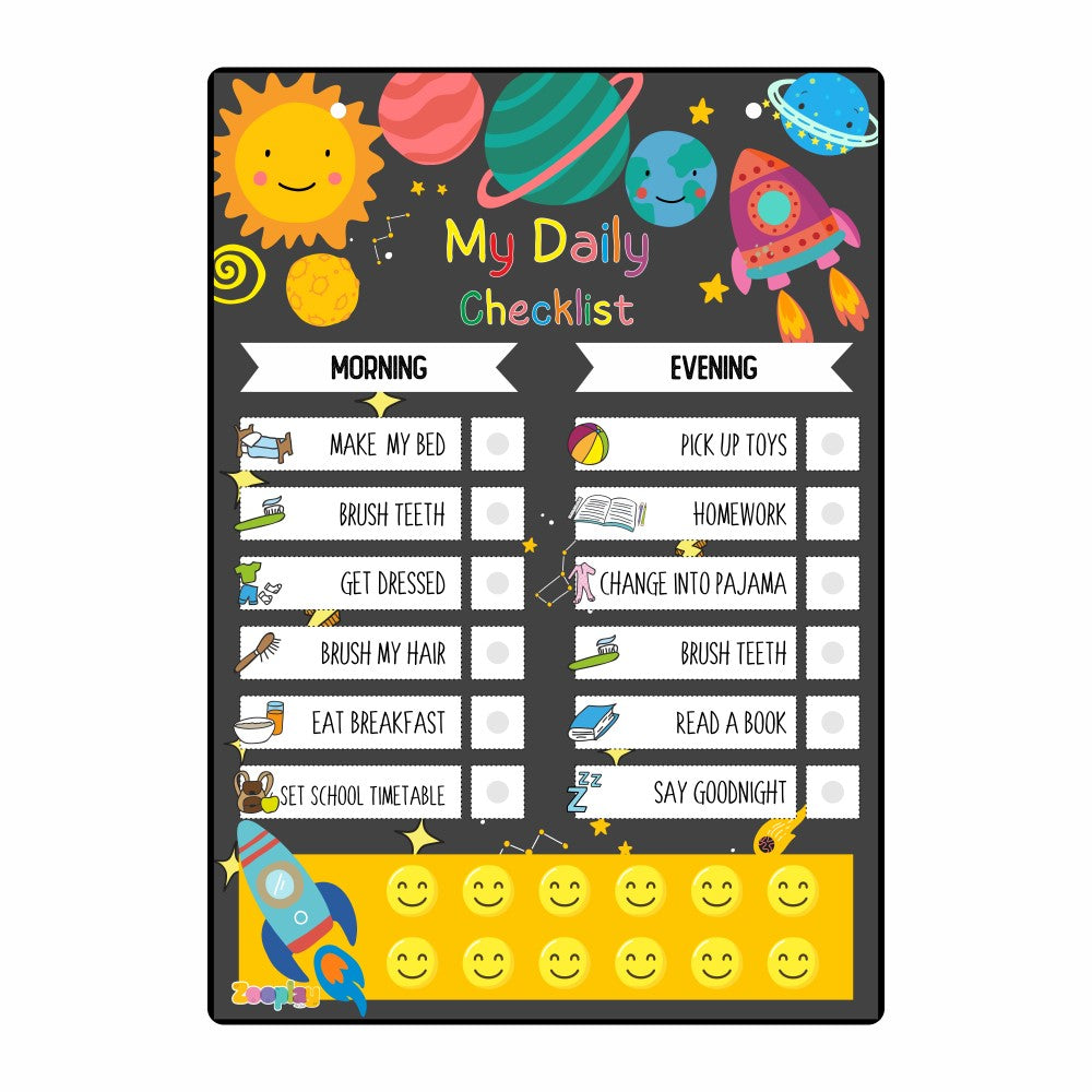 Kids Daily Responsibility Chart Mission Space theme with various chores and smiley cutouts