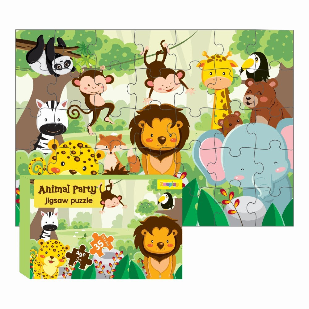Kids playing with Animal Party Jigsaw Puzzle, showing various animals