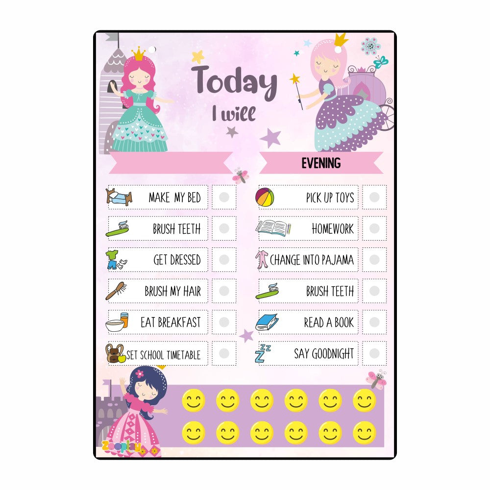 Princess Palace Daily Responsibility Chart showing day and night chores for kids