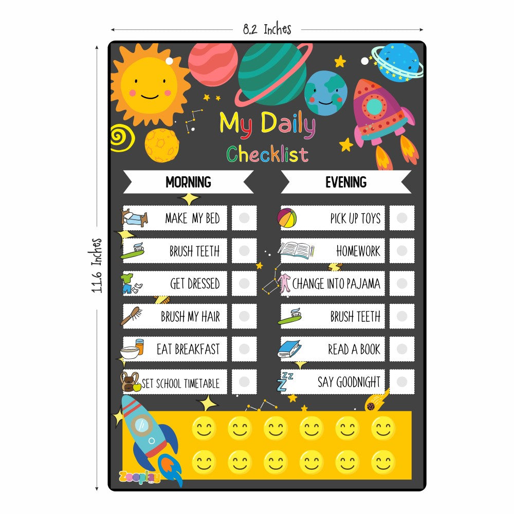 SkilloToys educational daily tracker displaying tasks like brushing teeth and tidying up toys