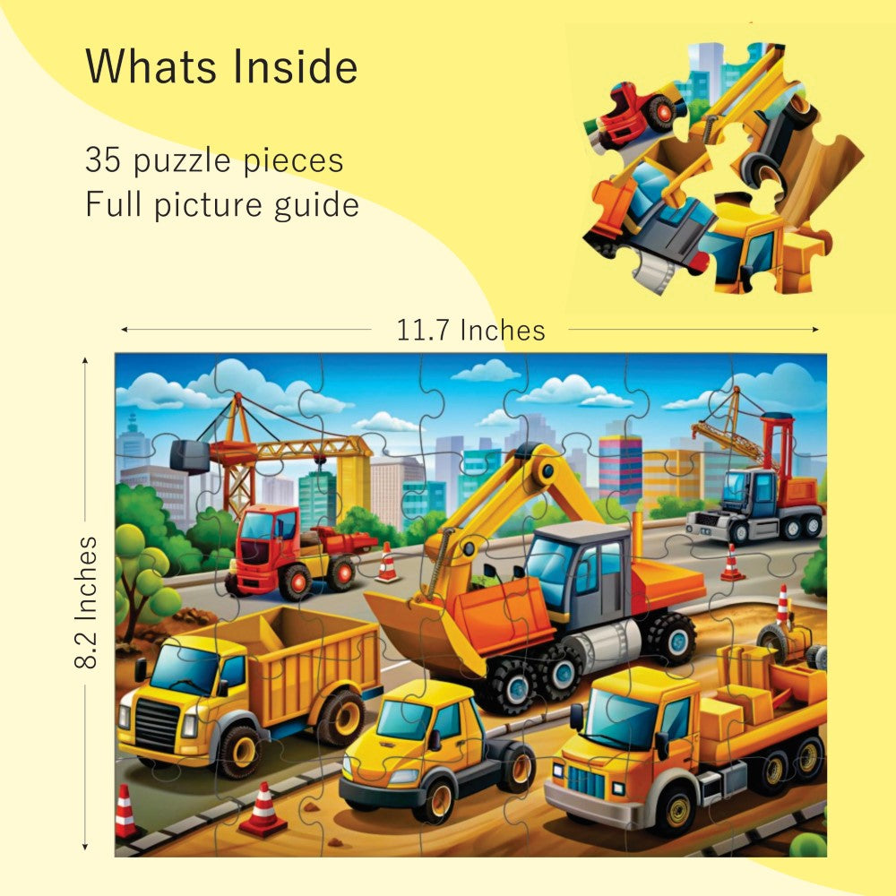 Close-up of vibrant Construction Zone jigsaw puzzle pieces showing excavator and crane