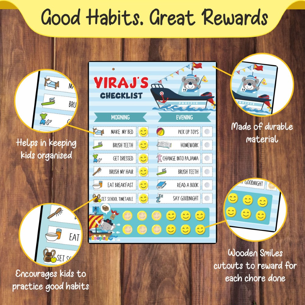 Child happily placing a wooden smiley cutout on the routine chart after completing a task.