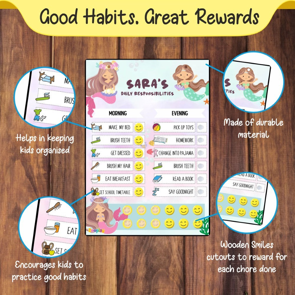 Child happily placing a smiley sticker on a completed chore on the reward chart